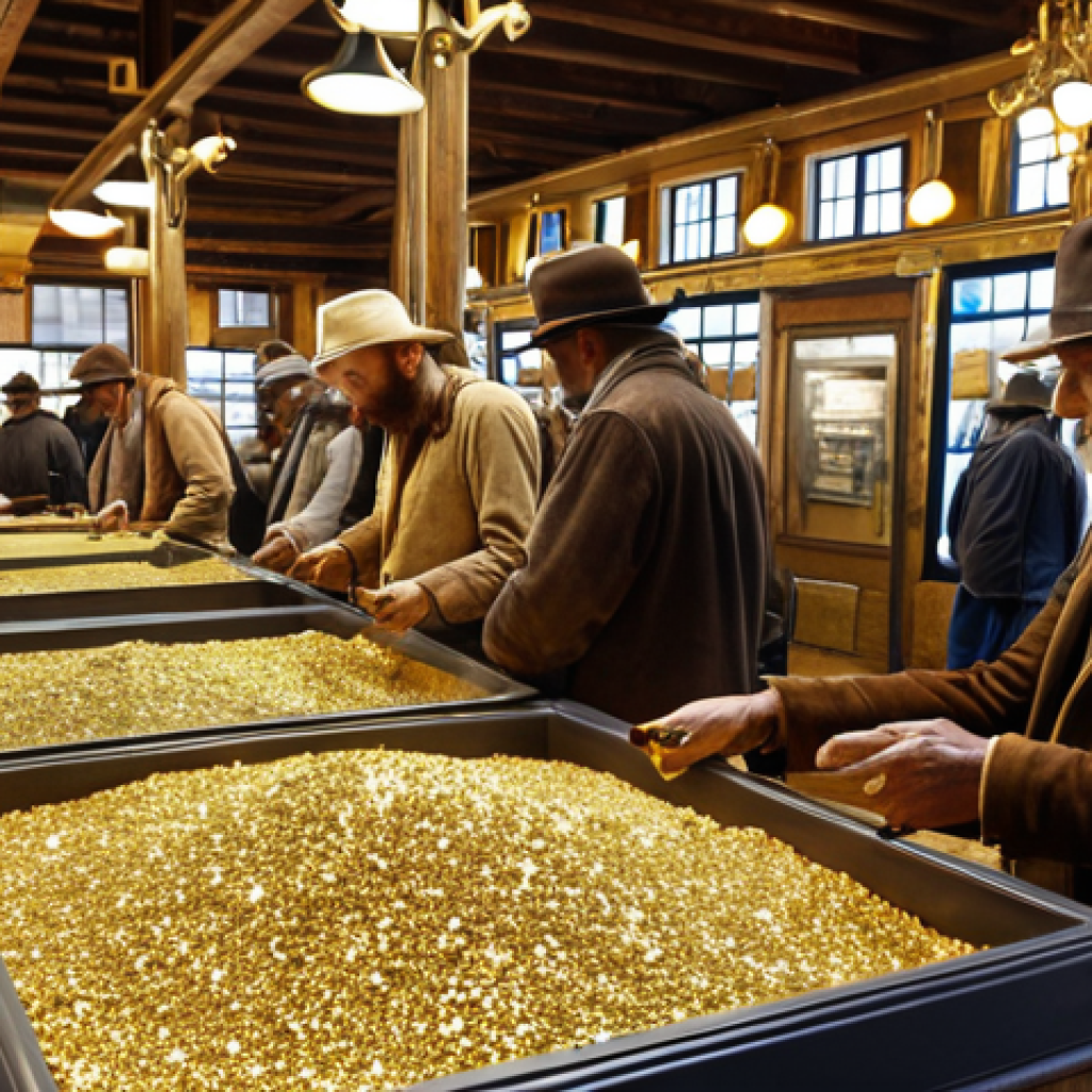 A bustling data marketplace resembling a gold rush era scene, with digital prospectors (companies) converging on a data-sharing platform, searching for valuable data insights represented as shimmering gold veins.